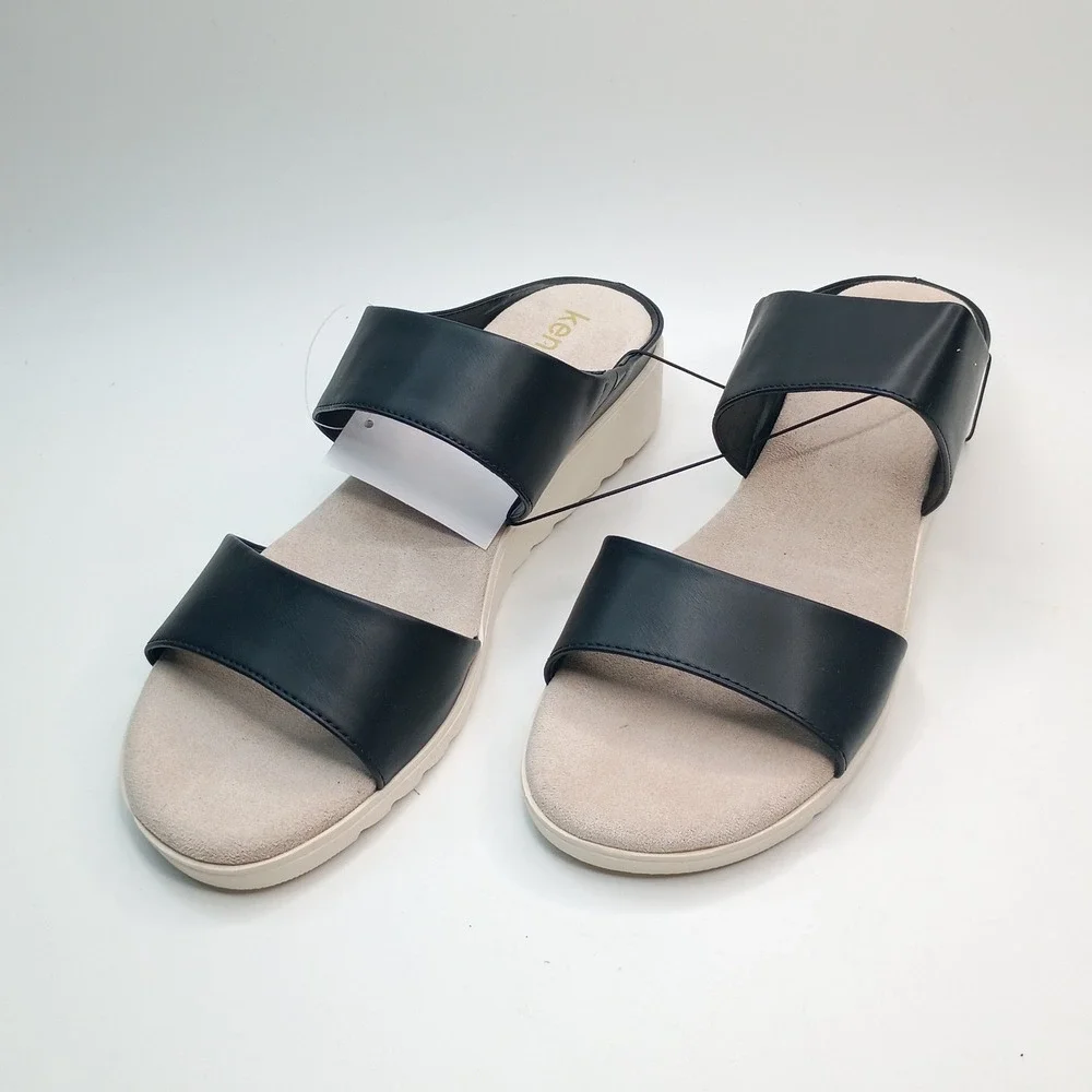 Kensie Endy Comfort Slide Women Size 7 Black Faux Leather Wedge Sandal KS261620